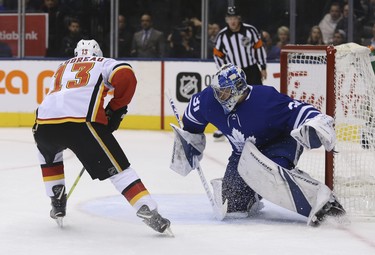 Calgary Flames Johnny Gaudreau LW goes in one-on-one with Toronto Maple Leafs Frederik Andersen G (31)  with ease during the second period in Toronto on Tuesday October 30, 2018. Jack Boland/Toronto Sun/Postmedia Network