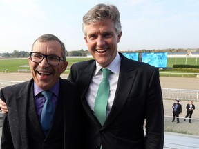 Ajax Mayor Steve Parish, left, and MPP Rod Phillips, after the announcement of the plan that will save Ajax Downs and casino at Ajax Downs and casino in Ajax, Ont. on Tuesday October 9, 2018. Dave Abel/Toronto Sun