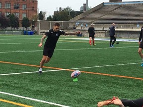 Gareth O'Brien approaches the ball for a kick during practice at Lamport Stadium on Saturday.