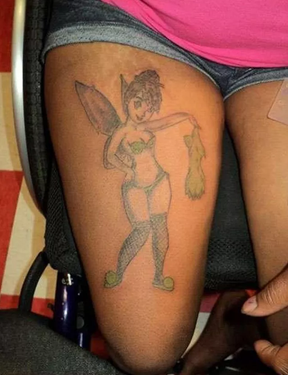 Tinkerbell has been inked boozing, drugging and having sex. TWITTER