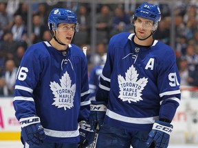 Leafs' John Tavares (left) and Mitch Marner were re-united on the same line this week after one game apart following the injury to Auston Matthews. (Photo by Claus Andersen/Getty Images)