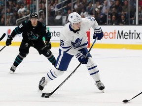 Mitch Marner #16 of the Toronto Maple Leafs scores a goal in the third period against the San Jose Sharks at SAP Center on November 15, 2018 in San Jose, California.