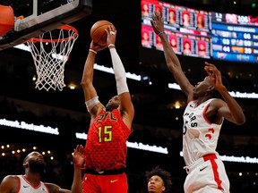 Vince Carter #15 of the Atlanta Hawks dunks and scores his 25,000th NBA point in the final seconds of their 124-108 loss to the Toronto Raptors at State Farm Arena on November 21, 2018 in Atlanta, Georgia. (Photo by Kevin C. Cox/Getty Images)