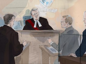 Paul Aubin, a member of Bruce McArthur's defence team (left) Justice John McMahon, Crown Attorney Michael Cantlon and McArthur (right) appear in Ontario's Superior Court of Justice on Monday. (Alexandra Newbould/The Canadian Press)