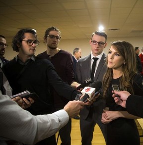 Tory MPP Amanda Simard spoke to media at St. Isidore Recreation Centre about the proposed cuts to francophone institutions on Sunday, Nov. 25, 2018. (Ashley Fraser/Postmedia)