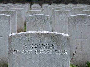 A gravestone marks the resting place of an unidentified soldier at the Canadian Cemetery near Vimy Ridge, France, Saturday November 10, 2018. (THE CANADIAN PRESS/Adrian Wyld)