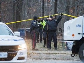 Peel Regional Police at Sugar Maple Woods Park after signs of a childbirth were discovered. (Ernest Doroszuk, Toronto Sun)