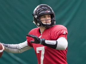 Ottawa Redblacks quarterback Trevor Harris works out in Edmonton on Wednesday. (Jonathan Hayward/The Canadian Press)