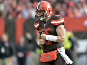 Cleveland Browns quarterback Baker Mayfield leads his team against the Bengals on Sunday. (AP PHOTO)
