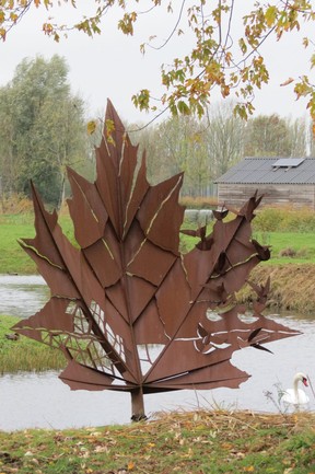 Steel Maple Leaf monument beside Liberation Forest has 43 perforated holes representing each Second Canadian Infantry Division soldier killed liberating Groningen. âIan Robertson photo