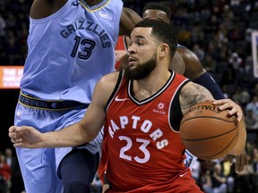 Toronto Raptors guard Fred VanVleet drives against Memphis Grizzlies forward Jaren Jackson Jr. during Tuesday's game. (AP PHOTO)