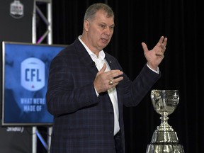CFL Commissioner Randy Ambrosie speaks with the media during his State of the League address Friday November 24, 2017 in Ottawa. (THE CANADIAN PRESS/Adrian Wyld)