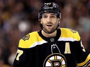 Patrice Bergeron of the Boston Bruins has 59 points in 64 career games against the Leafs. GETTY IMAGES