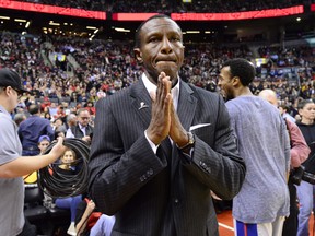 Former Toronto Raptors coach and current coach Detroit Pistons Dwane Casey arrives on court in Toronto on Wednesday.   Casey said it was strange being back on the Toronto Raptors basketball court where he'd left so much "blood, sweat and tears." THE CANADIAN PRESS/Frank Gunn ORG XMIT: FNG303