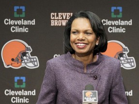 In this Oct. 21, 2010, file photo former Secretary of State Condoleezza Rice talks with the media after visiting with the Cleveland Browns coaches and players at the Browns training facility in Berea, Ohio. Browns general manager John Dorsey says the team has not discussed Rice as a candidate for its coaching vacancy. Rice is an avid Browns fan and has visited the team's headquarters on numerous occasions in recent years.