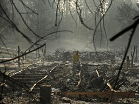 A firefighter searches for human remains in a trailer park destroyed in the Camp Fire, in Paradise, Calif. Nov. 16, 2018. (AP Photo/John Locher, File)