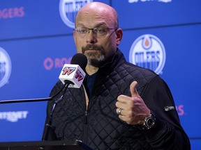 Edmonton Oilers President of Hockey Operations and GM Peter Chiarelli speaks to the media during a press conference at Rogers Place in Edmonton on July 1, 2018. (David Bloom/ Postmedia)