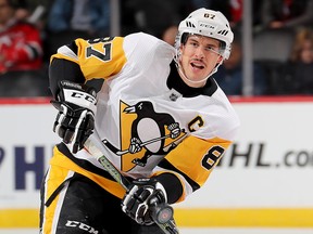 Sidney Crosby of the Pittsburgh Penguins reacts after a pass in the first period against the New Jersey Devils at Prudential Center on Nov. 13, 2018 in Newark, N.J.