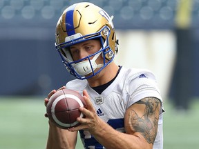 Wide receiver Drew Wolitarsky watches the ball into his hands during Winnipeg Blue Bombers practice on Aug. 13, 2018.