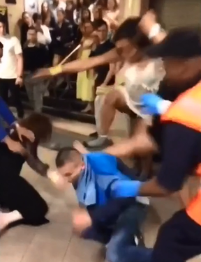 A transgender trio pummels a man in a London subway.