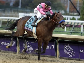 Joel Rosario rides Game Winner to victory in the Breeders' Cup Juvenile horse race at Churchill Downs, Friday, Nov. 2, 2018, in Louisville, Ky. (DARRON CUMMINGS/AP)