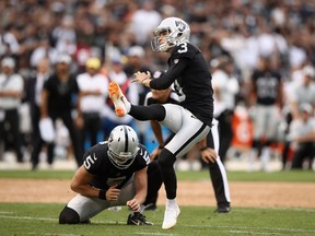 Matt McCrane #3 of the Oakland Raiders kicks the game-winning field goal in overtime against the Cleveland Browns at Oakland-Alameda County Coliseum on September 30, 2018 in Oakland, California.