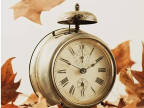 closeup of an old and rusty alarm clock surrounded by dry leaves, depicting the end of the summer time and the beginning of autumn