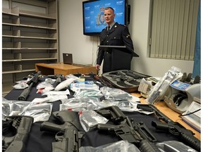 An investigation by the Stony Plain/Spruce Grove/Enoch RCMP Drug Section led to a significant firearms seizure. Staff Sergeant Mike Lokken (Acting Detachment Commander, Spruce Grove RCMP) provided the details about this seizure at the Spruce Grove RCMP detachment on Monday April 30, 2018.