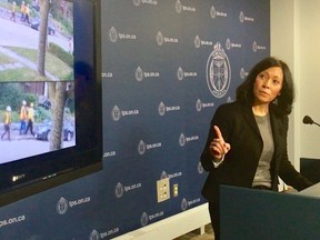 Acting Insp. Lauren Pogue, who heads up the Toronto Police Holdup Squad, describes how three men dressed as construction workers cased a Yonge-Eglinton neighbourhood a week before two of them returned to commit a home invasion, tying up and beating a man, 67, before leaving empty-handed on Sept. 27, 2018. (Chris Doucette/Toronto Sun/Postmedia Network)
