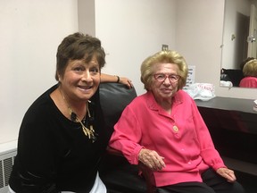 Toronto Sun columnist Sue-Ann Levy with Dr. Ruth Westheimer, who spoke to a packed crowd at the opening of Holocaust Education Week at the Toronto Centre for the Arts on Thursday, Nov. 1, 2018.