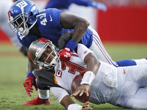 Dominique Rodgers-Cromartie of the Giants sacks Jameis Winston of the Buccaneers during NFL action at Raymond James Stadium in Tampa, Fla., on Oct. 1, 2017.