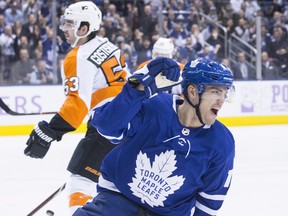 Maple Leafs forward Andreas Johnsson celebrates after scoring his second goal against the Flyers on Saturday night at Scotiabank Arena. (Chris Young/The Canadian Press)