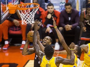 Raptors’ Kawhi Leonard goes to the basket during last night’s game against the Golden State Warriors at Scotiabank Arena. Leonard finished with a team-high 37 points as the Raps outlasted the Warriors in overtime. (Ernest Doroszuk/Toronto Sun)