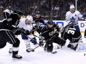 Nazem Kadri of the Toronto Maple Leafs has his shot blocked by Drew Doughty of the Los Angeles Kings during the first period at Staples Center on Nov. 13, 2018 in Los Angeles.