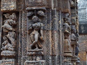 Sculptures on the outer wall are pictured at the Konark Sun temple in Konark, in eastern Orissa state on Dec. 12, 2014.