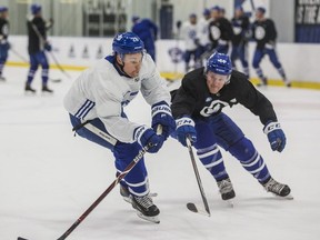 Toronto Maple Leafs Connor Brown (left) and  Morgan Rielly during practice at the MasterCard Centre in Toronto, Ont. on Thursday November 8, 2018. Ernest Doroszuk/Toronto Sun/Postmedia