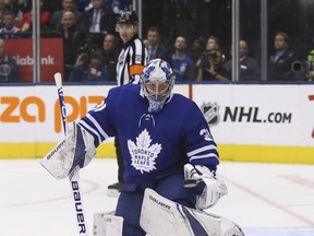 Toronto Maple Leafs Frederik Andersen G (31) directs a puck away during the second period in Toronto on Wednesday November 7, 2018 against Vegas. Jack Boland/Toronto Sun/Postmedia Network