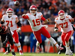 Patrick Mahomes of the Kansas City Chiefs throws a pass against the Cleveland Browns at FirstEnergy Stadium on November 4, 2018 in Cleveland. (Kirk Irwin/Getty Images)