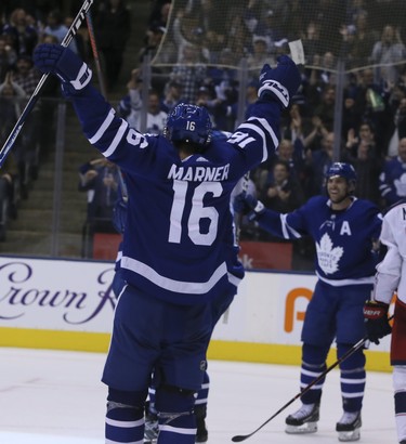 Mitch Marner and John Tavares celebrate a goal in the win on Monday. The pair have been dynamite, with Marner collecting two more helpers while Tavares scored his team-leading 13th goal in the game against Columbus. VERONICA HENRI/TORONTO SUN