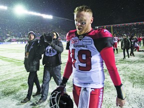 Calgary Stampeders quarterback Bo Levi Mitchell (19) leaves the field following his teams loss to the Toronto Argonauts during CFL football action in the 105th Grey Cup Sunday November 26, 2017 in Ottawa. THE CANADIAN PRESS/Justin Tang