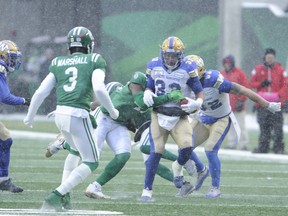 Winnipeg Blue Bombers running back Andrew Harris runs the ball against the Saskatchewan Roughriders during second half CFL West Division semi-final action in Regina on Sunday, Nov. 11, 2018. THE CANADIAN PRESS/Mark Taylor