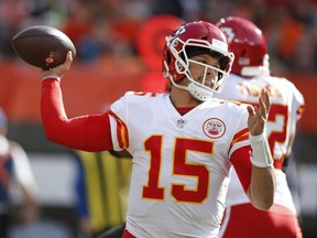 FILE - In this Sunday, Nov. 4, 2018 file photo, Kansas City Chiefs quarterback Patrick Mahomes throws during the first half of an NFL football game against the Cleveland Browns in Cleveland.