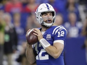 In this Oct. 21, 2018, file photo, Indianapolis Colts quarterback Andrew Luck looks to throw during an NFL game against the Buffalo Bills in Indianapolis.