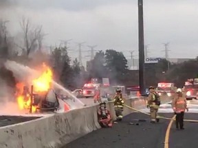 Emergency crews attend a fire after an accident on highway 407 (OPP Sgt. Kerry Schmidt via Canadian Press)