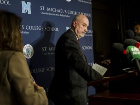 St. Michael's College School principal Gregory Reeves speaks to reporters at the school on Monday. (Christopher Katsarov/The Canadian Press)