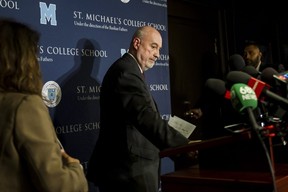 St. Michael’s College School principal Greg Reeves speaks to reporters at the school on Monday. (Christopher Katsarov/The Canadian Press)