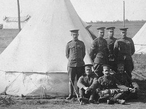 Charles Chapman, shown in the middle of the back row with his fellow soldiers, is shown in this undated handout photo. Jacqueline Carmichael pored over her grandfathers' letters for several weeks. She read the long, handwritten notes, and the short ones scribbled perhaps in a hurry as the men hunkered down in trenches while dirt and bullets from the First World War showered over their heads. Through those disjointed accounts, Carmichael, a resident of Vancouver Island, says she's woven a tapestry that opens a window to her past and helps her understand the person she is today.