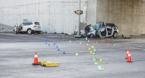 Durham Regional Police evidence markers at the scene of a fatal two-car collision at the Salem Rd underpass at the 401 in Ajax on Monday, November 19, 2018. Ernest Doroszuk/Toronto Sun