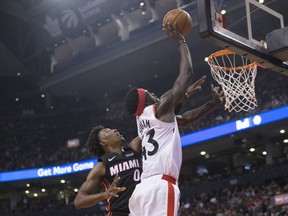Pascal Siakam puts up two poinst against the Miami Heat on Sunday night. The Raptors went up by 26 at one point in the game before winning by only 10. (Chris Young/The Canadian Press)