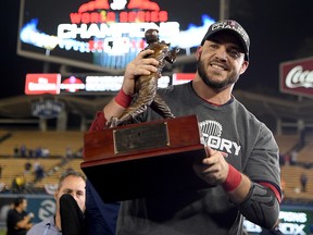 Steve Pearce of the Boston Red Sox with the World Series MVP award at Dodger Stadium on October 28, 2018 in Los Angeles. (Harry How/Getty Images)
